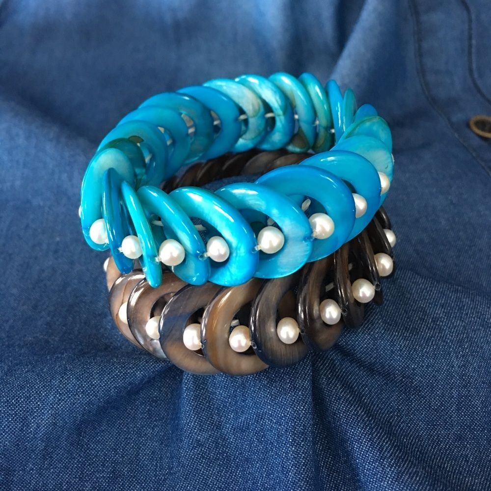 Turquoise Black Brown Shell Pearl‎ stretch Bracelet